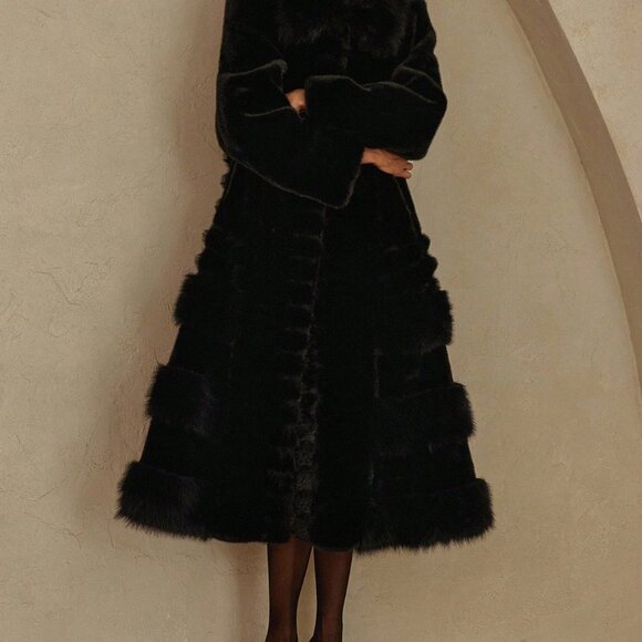 Black Casual Women's Faux Mink Long Over-The-Knee Coat - Picture 6 of 8